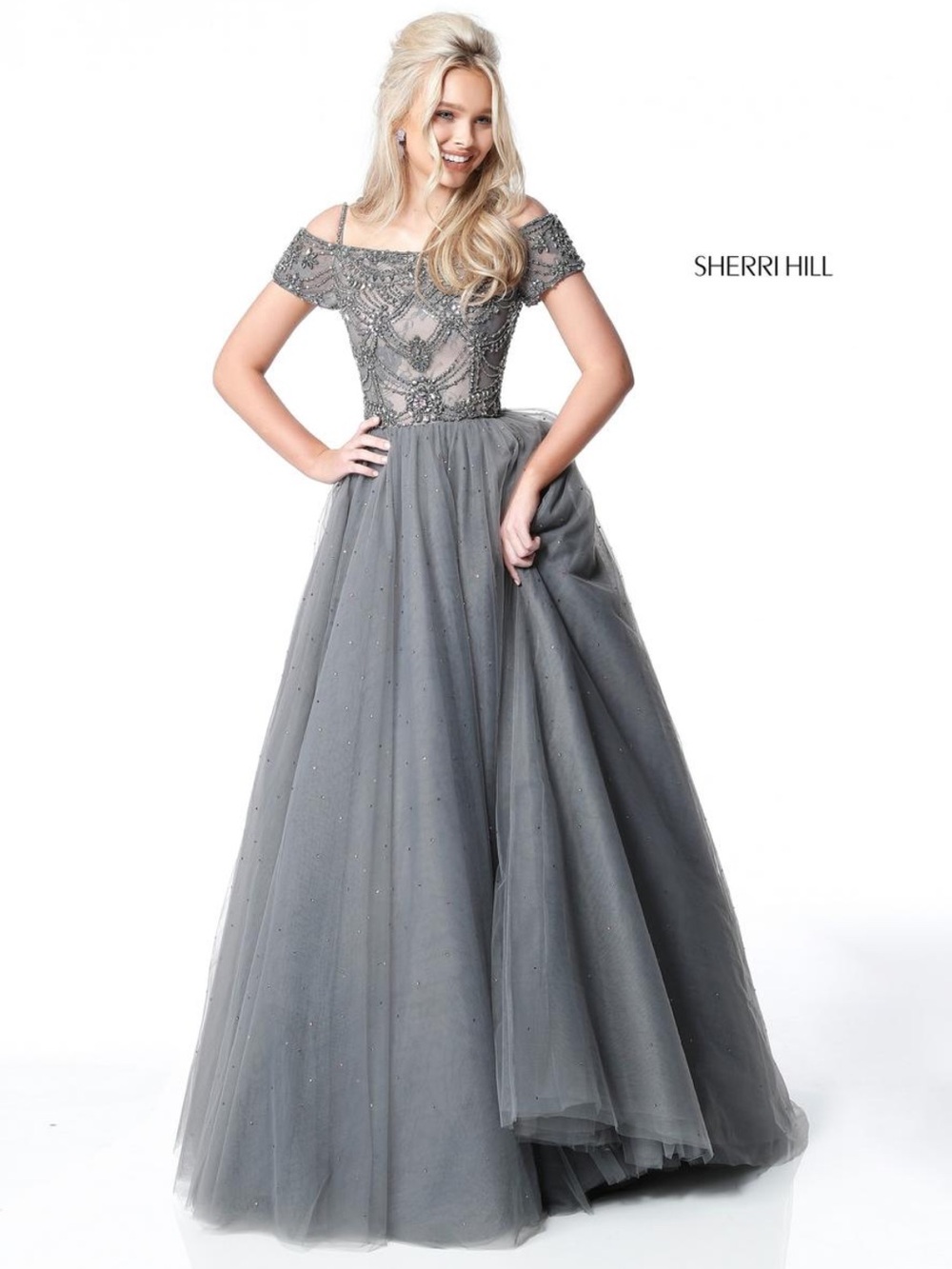 Sherri Hill 51450 Dress Off Shoulder Beaded Bodice Tulle Skirt Ball Gown Size 6